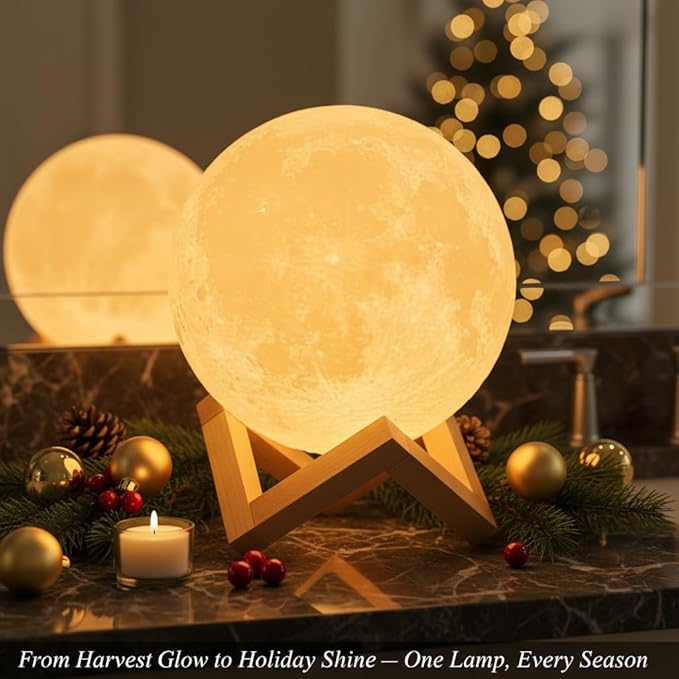 Mydethun Large Moon Lamp - 7.1" Large Thanksgiving & Christmas Table Décor, Gifts for Women and Mom, Touch-Dimmable Lamp with Wooden Base – Rechargeable Dual Color Night Light for Bedroom, Home