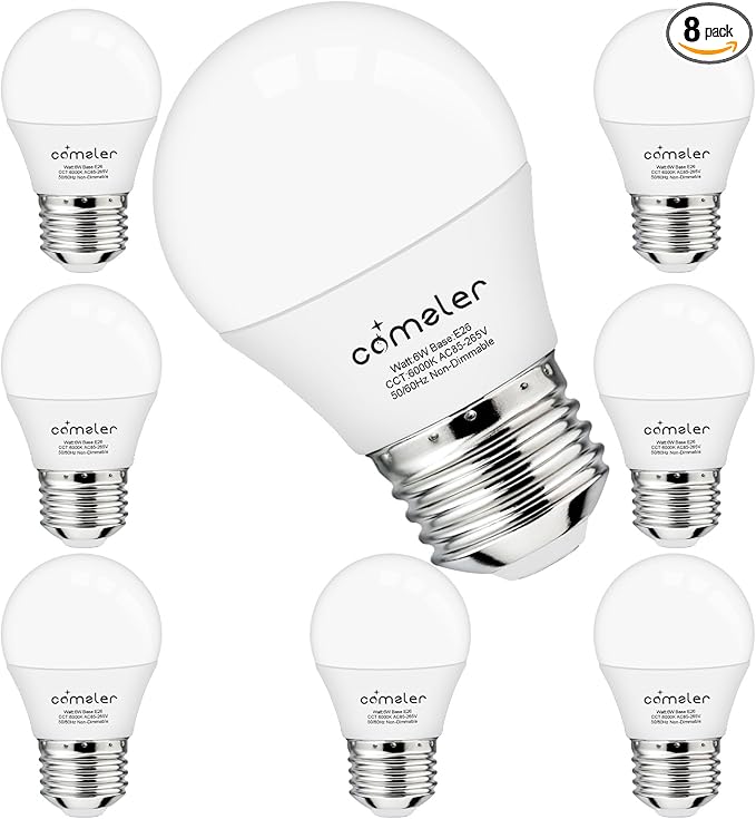 comzler E26 Base 8 Pack Light Bulbs, 6000K Cool Bright Daylight A15 Light Bulbs, 60 Watt Equivalent120V Energy Saving Refrigerator Small Bulbs, Appliance Eye Protection Light Bulb for Ceiling Fan