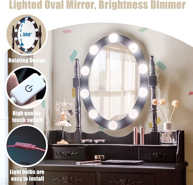 Giantex Makeup Vanity Table with 10 LED Lights, Adjustable Brightness, 3 Color Light Modes, 4 Drawers, Rotatable Mirror, Cushioned Stool, Vanity Desk Dressing Table Bedroom Furniture (Espresso)