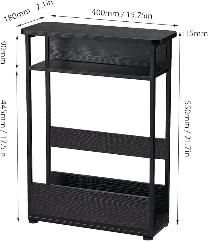 Narrow Side Table,3-Tier Slim End Table with Storage Shelf,Modern Sofa Table Thin Side Table for Narrow and Small Spaces, Skinny Bedside Table Small Nightstand with Magazine Rack Space Saving/Black