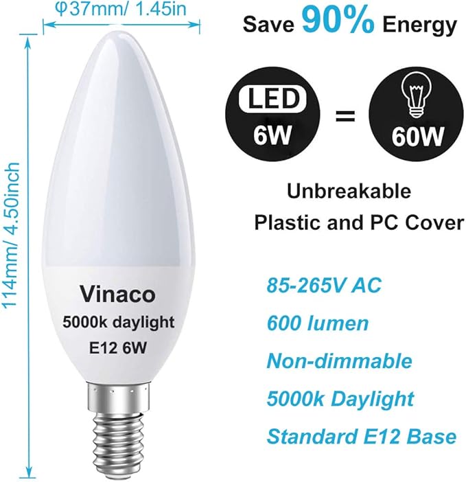 Vinaco E12 LED Bulb, 6 Pack E12 Candelabra Bulb 60 Watt Daylight White 5000K, High Brightness 600LM & 25000+ Long Lifespan E12 Bulb, E12 Candelabra Base, Light Bulb for Ceiling Fan Light Bulb…