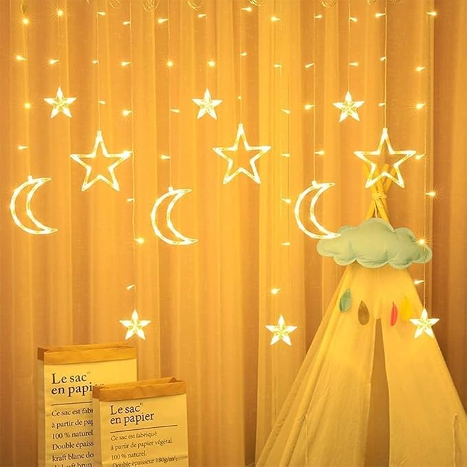 Christmas LED Curtain String Lights - 18FT 12 Drops 138 LED Star Moon Hanging Lights with Remote, 8 Modes, 6H Timer, Waterproof Connectable Window Lights for Indoor Outdoor Holiday Decorations