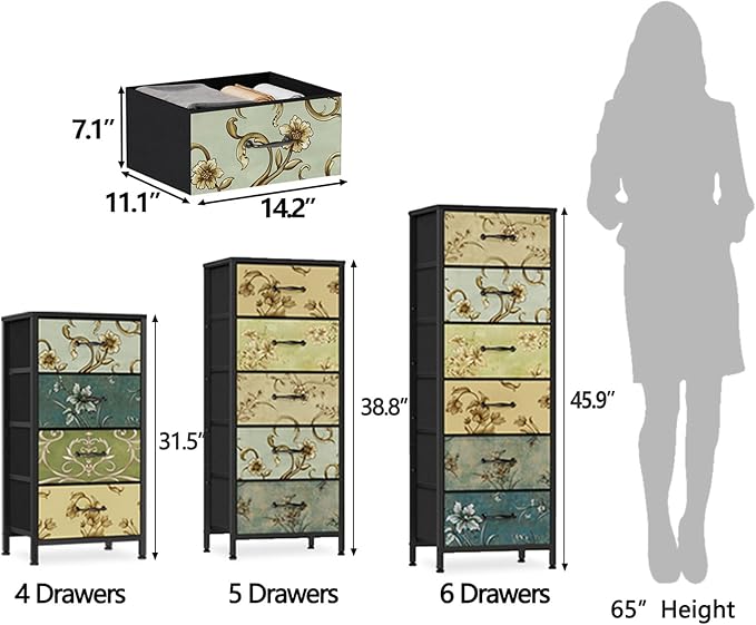 Furnulem Vertical Dresser for Bedroom, Tall Skinny Storage Tower with 5 Fabric Drawers, Chest of Drawers for Living Room, Dorm, Entryway, Vintage Furniture, Wood Top