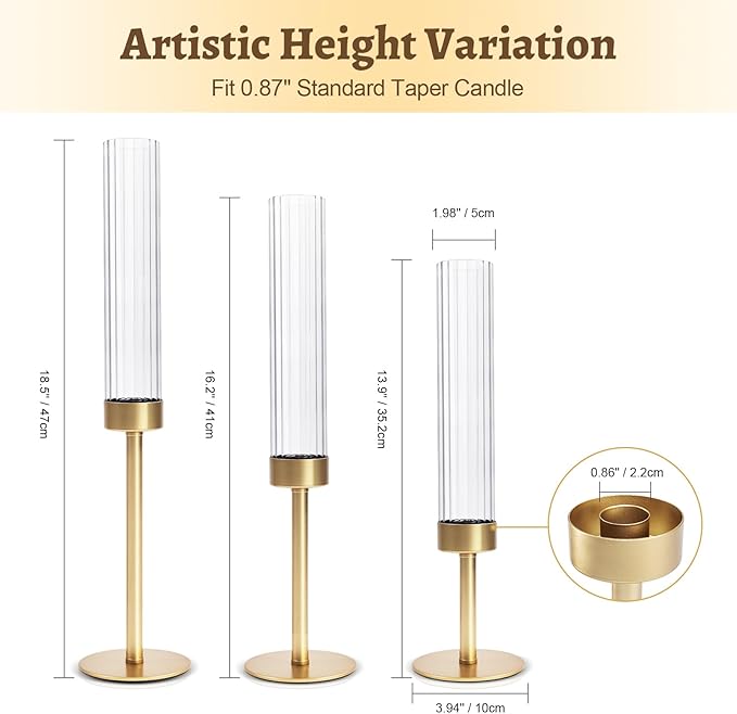 Gold Hurricane Glass Candle Holders: Cadhodenm Tall Glass Candlestick Holder for Wedding Set of 3 Brass Taper Candle Holders Modern Candle Sticks Holder for Table Centerpiece Party Christmas Home