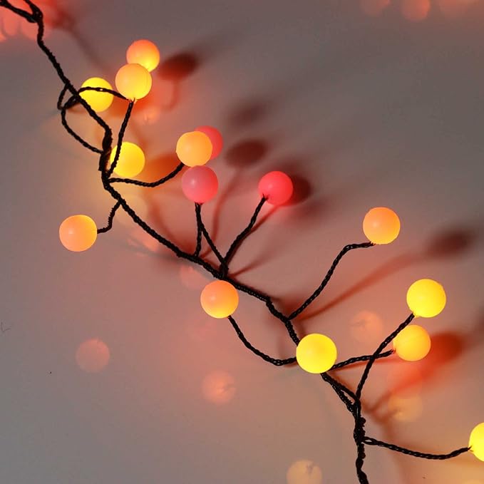 QBIS 120 LED Christmas Cluster Fairy Lights – Red, Orange, Yellow Indoor Decorative String Lights, Plug-in Fall Decor for Indoor or Outdoor use.