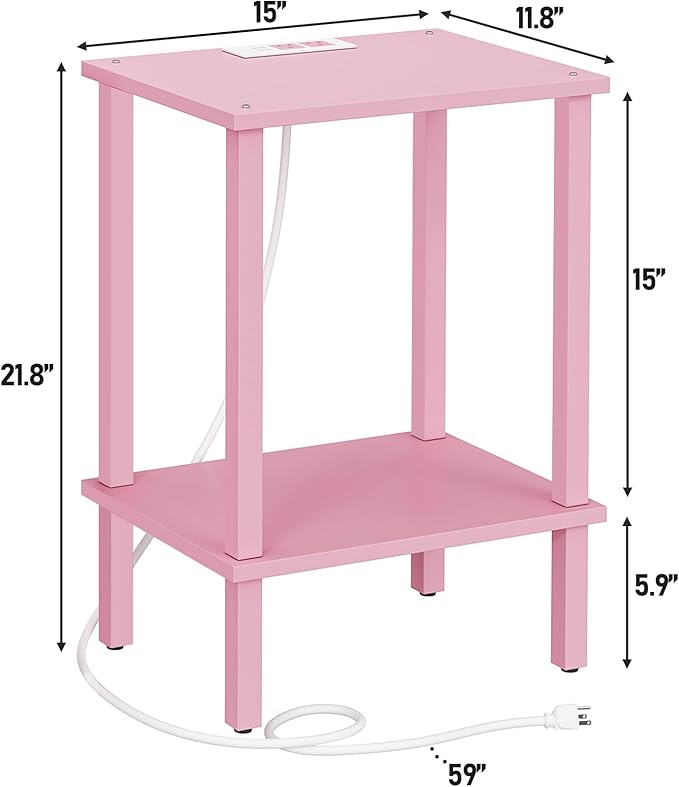 TUTOTAK End Table with Charging Station, Set of 2, Small Side Table with Outlets, Nightstand Bedside Table, 2-Tier Storage Shelf for Small Space, Living Room, Bedroom Pink TB01BP041