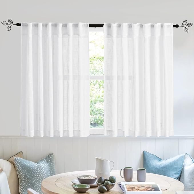 RYB HOME White Kitchen Curtains - Linen Textured Sheer Curtains Light Filtering Privacy Window Drapes Soft Airy Breathable Draperies for Bedroom, RV Camper, Nursery, Cafe, W 52 x L 36 inch, 2 Panels