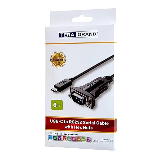 Tera Grand - USB C to RS232 Serial DB9 Adapter Cable with Hex Nuts and FTDI chipset, Supports Windows 11, 10, 8, 7, Vista, XP, 2000, 98, Linux and Mac, 6 Ft