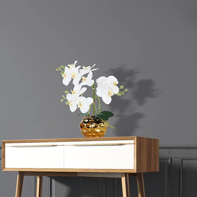 Ziwon Artificial Orchid Flowers & Plants Potted in Ceramic Pot, White Faux Phalaenopsis Orchids for Table Centerpiece, Realistic Fake Flower Arrangement for Home Office Decor Indoor