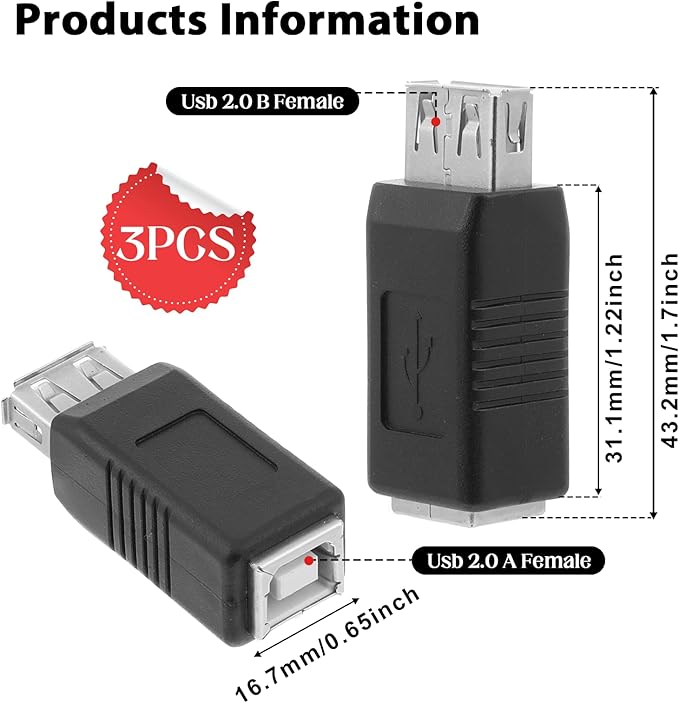 3PCS USB 2.0 Af/Bf Plug Type A Female to Type B Female Adapter Connector, USB B Adapter, Printer, Camera, Laptop, Computer, Scanner, Hard Drive, Black, 3 Count