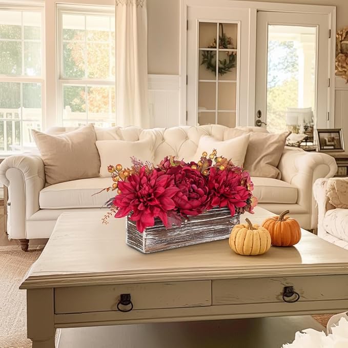 DILATATA Fall Decor Autumn Harvest Floral Centerpiece with Artificial Peony Chrysanthemum Hydrangea Flowers Berries Arrangement for Thanksgiving Party Mantel Fall Decor