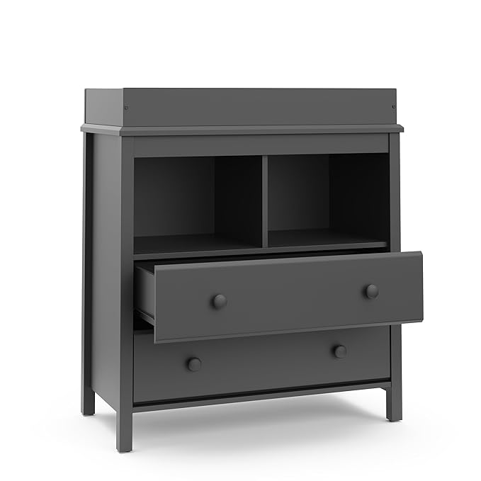 Storkcraft Alpine 2 Drawer Changing Table Chest (Gray) - Attached Changing Table Topper Fits Any Standard-Size Baby Changing Pad, 2 Drawers, 2 Shelves for Extra Nursery Storage, Easy to Assemble
