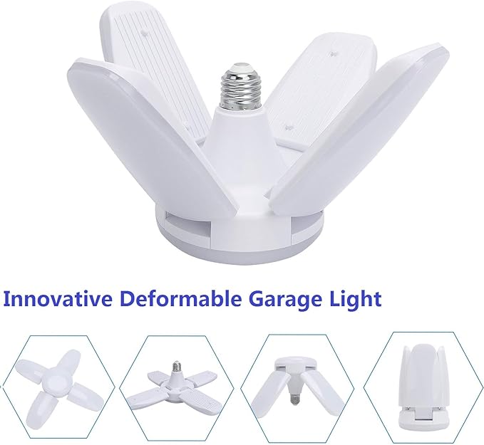 (4 Pack) LED Garage Lights, 60W Trilights Ceiling, High Low Bay Deformable Adjustable 4 Led Light Bulbs 6000LM 6000K, Screw in Tribright Garage Lighting Fixture,CRI80 Daylight