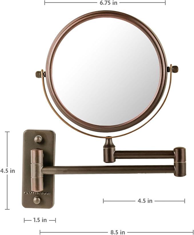 OVENTE 7" Wall Mounted Makeup Mirror with 1X/7X Magnification, Double Sided Magnifying Round Bathroom Vanity Mirror, 360° Swivel Design, Extendable and Folding Arm, Antique Bronze MNLFW70ABZ1X7X