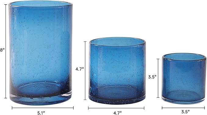 Hurricane Candle Holder Set of 3 Blue Candle Holders for Pillar Candles, Seeded Bubbles Glass Candle Holder, Blue Glass Cylinder Vases for Table Centerpieces, Home, Patio and Wedding 8" 4.7" 3.5"