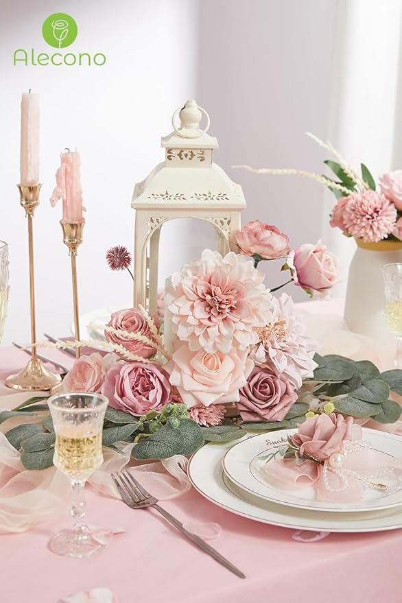 Alecono Artificial Flowers, Dusty Pink Silk Fake Flowers for DIY Wedding Bridal Bouquets, 𝙎𝙚𝙩 𝙤𝙛 𝟮, Wedding Cake Flowers for Table Centerpieces Baby Shower Birthday Party Home Decorations