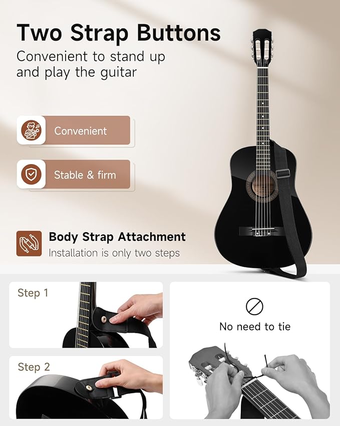Moukey 38" Acoustic Guitar for Beginners Kids Youth Adult Dreadnought Guitarra Acustica Kit with Chord Poster, Gig Bag, Tuner, Picks, Nylon Strings, Capo, Strap - Black