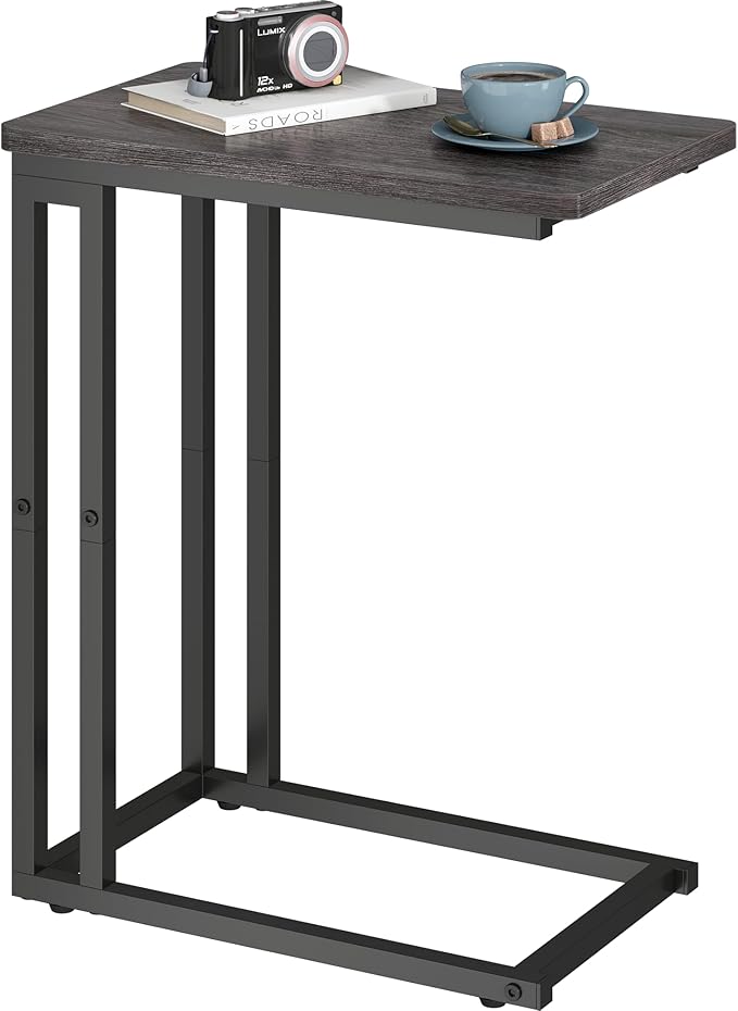Yusong C Shaped End Table - Slide Under Sofa Couch Bed, Small Table for Small Spaces, Skinny Overbed, Coffee Drink Snack Table for Living Room, Grey Oak