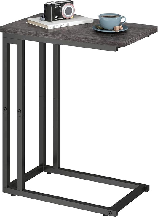 Yusong C Shaped End Table - Slide Under Sofa Couch Bed, Small Table for Small Spaces, Skinny Overbed, Coffee Drink Snack Table for Living Room, Grey Oak