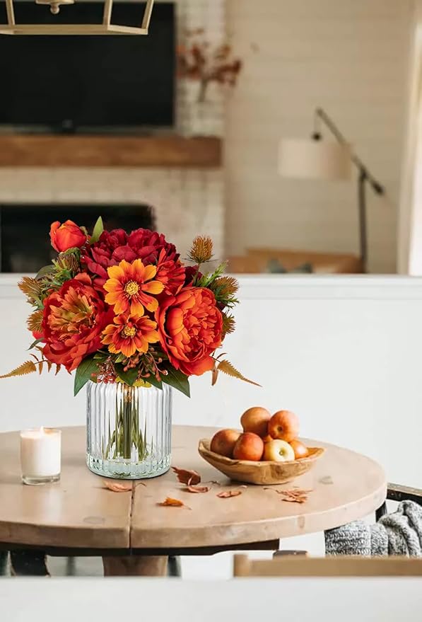 Peony Fake Fall Flowers in Vase Fall Table Centerpiece Faux Floral Arrangements Centerpiece Autumn Artificial Flowers with Vase Fall Flower Centerpieces for Tables Orange Silk Flowers in Vase