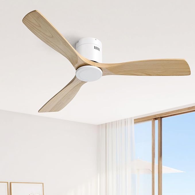Sofucor 52 Inch Ceiling Fan No Light, Solid Wood Ceiling Fans Without Lights Remote Control, Reversible DC Motor, 6-Speed, Flush Mount Indoor/Outdoor Ceiling Fans for Patios, Bedroom and Farmhouse