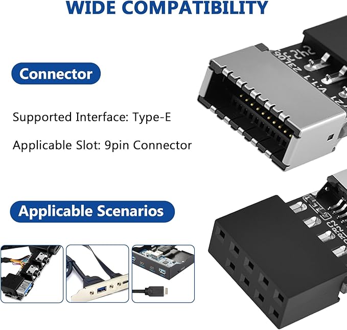 USB 2.0 to USB 3.2 Gen 1 Header Adapter, Mainboard 9 Pin Male to USB 3.1 Type-E (A-Key) Female Converter for Extending USB C Ports on Front Panel of PC (2 Pack)