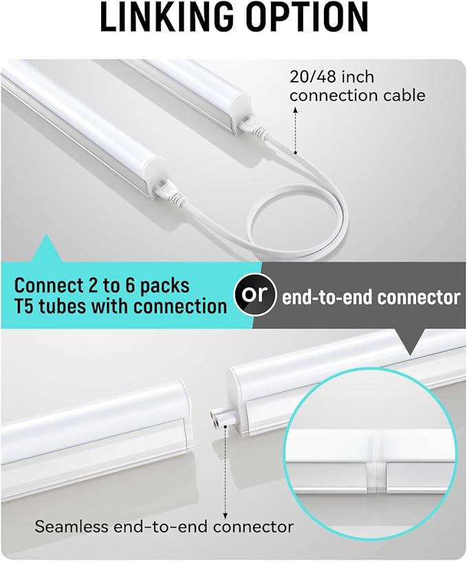 (6 Pack) 4FT T5 LED Integrated Fixture, 6500K,20W,2300LM(Super Bright White) Linkable LED Shop Light,Garage Ceiling and Cabinet Light,Strip Light,Corded Electric with ON/Off Switch