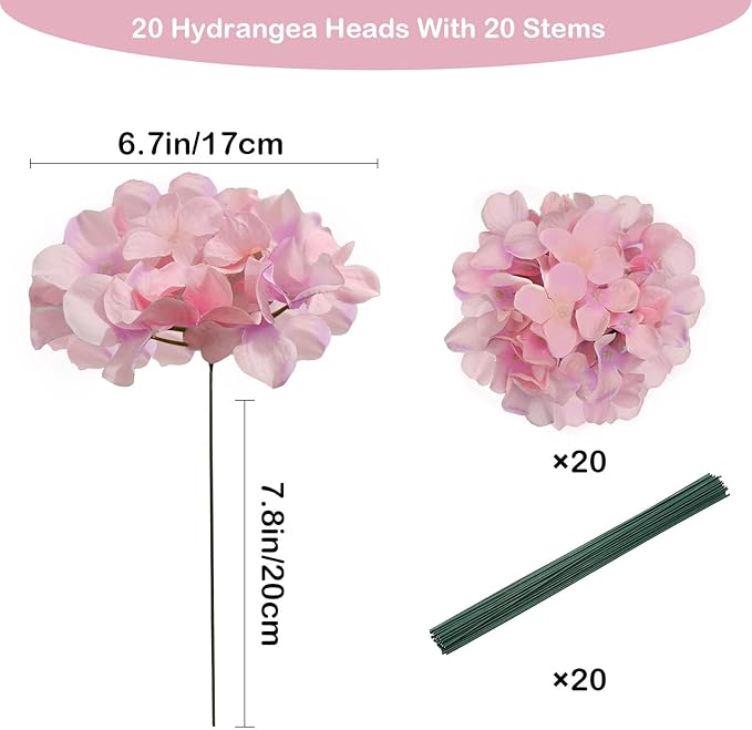 20 Pcs Pink Hydrangea Artificial Flowers Bulk, Faux Hydrangea Flowers Heads, Artificial Fake Silk Hydrangea Flowers with Stems, Pink Flowers Artificial for Decoration Wedding Décor