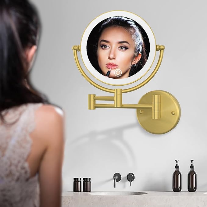 Make up Mirror Wall Mounted Lighted 10X Magnifying Hard Wired, Double Sides 3 Color Lighting Touch Dimming 360 Swivel Extended Arm Shaving Mirror for Bathroom, Brushed Gold