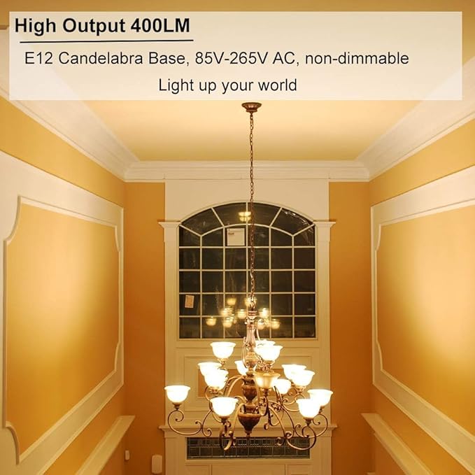 Vinaco E12 LED Bulb, 6 Pack E12 Candelabra Bulb 4 Watt Warm White 3000K, High Brightness 400LM & 25000+ Long Lifespan Bulb, E12 Candelabra Base Light Bulb for Ceiling Fan Light Bulb