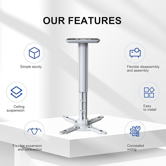 Jomard Projector Ceiling Mount, Heavy Duty Aluminum, Adjustable Height 10.05"-16.94", 360° Swivel 15° Tilt, Holds 15 Lbs, White