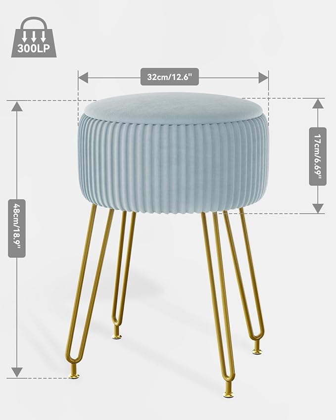 IBUYKE Velvet Storage Footrest Stool Ottoman, Makeup Vanity Stool Side Table with Golden Steel Legs Removable Cover, Coffee Table Top Cover, Blue LG-20H