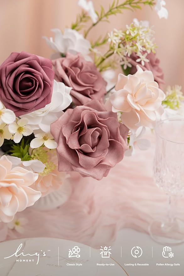 Ling's Moment Artificial Flowers Fake Roses Faux Foam Gardenia Combo for DIY Wedding Bouquets Centerpieces Arrangements Bridal Shower Party Home Decorations, Mauve & Blush, 24pcs