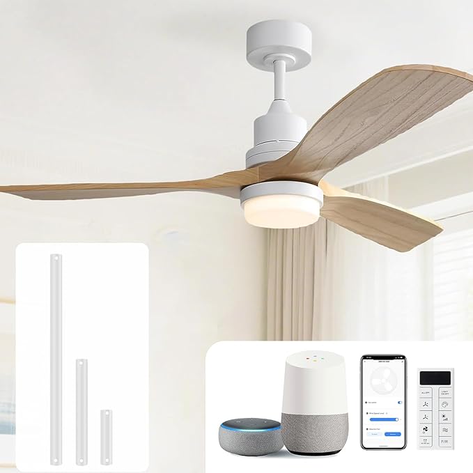 Sofucor 52 Inch Smart Ceiling Fans with Lights and Alexa/Google Assistant/APP/Remote Control-Modern Solid Wood Outdoor 3 Blades Ceiling Fan for Bedroom Living Room Indoor Farmhouse Patio, Natural Wood