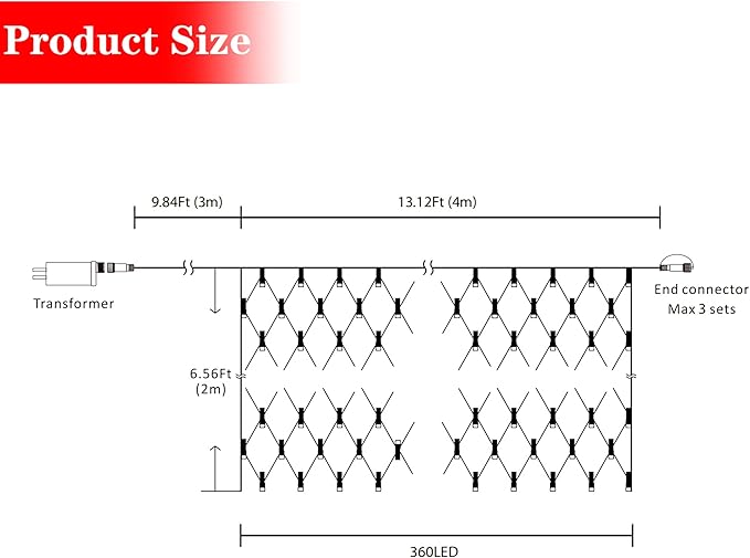 AWQ 360 LED 13.1ft x 6.6ft Warm White String Lights, 8 Modes, Timer Function, UL Certified, IP44 Rated, Outdoor Indoor Use
