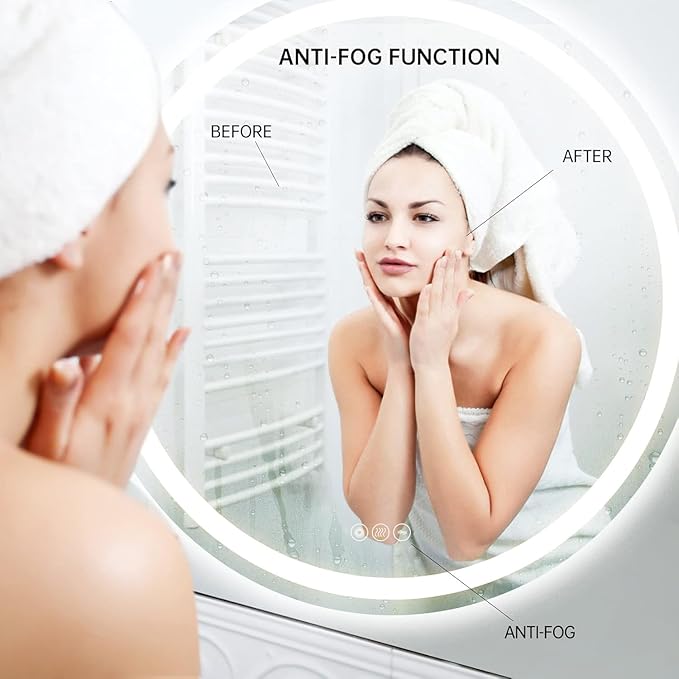 Wall-Mounted LED Round Bathroom Mirror, Makeup Mirror (24 inches x 24 inches,) 3 Color Stepless Dimmable Memory Bathroom Vanity Mirror with Lights CRI90+ 3000-6400K Smart Mirror with Touch