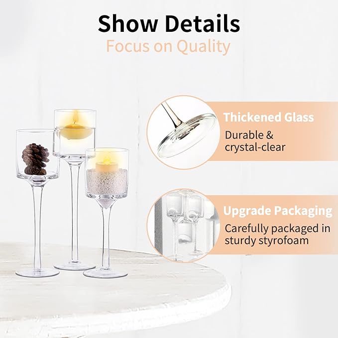 NUPTIO Glass Tealight Candle Holders: Set of 6 Tall Candle Stands for Dinner Table Centerpiece - Stemmed Candleholders for Pillar Floating Candles