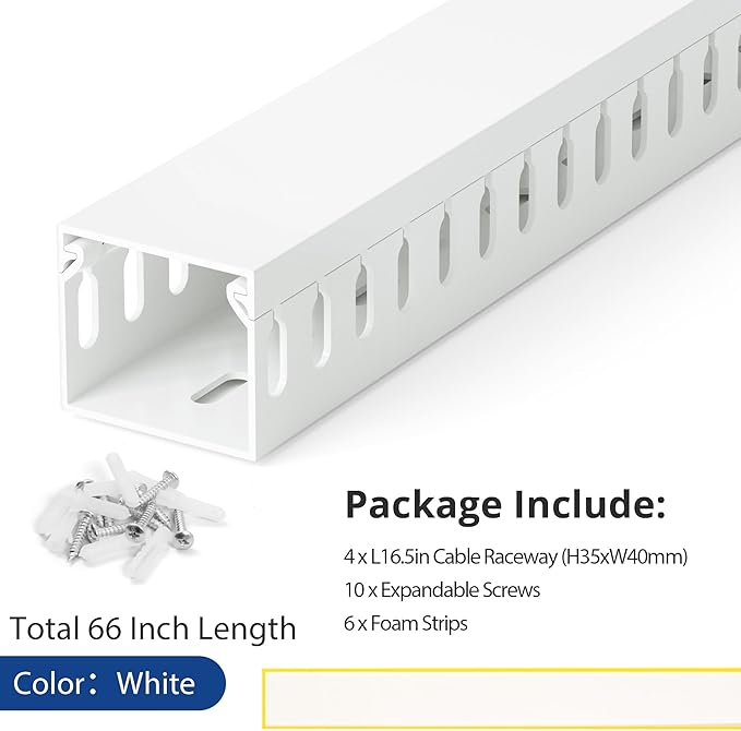 ZhiYo 66in(4X L16.5in) Professional Server Rack Cable Management Raceway, H1.4in x W1.6in Cable Raceway Kit, Electrically Safe PVC Open Slot Wire Raceway for Under Desk/Computer/Network Cords, White