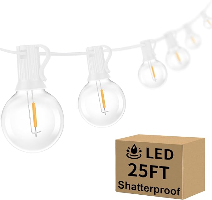 Bosceos Outdoor G40 LED Globe String Lights 25FT Dimmable Shatterproof Waterproof Patio Lights with 12+2 Bulbs Connectable Commercial Hanging Light for Patio Balcony Backyard Party (White Wire)
