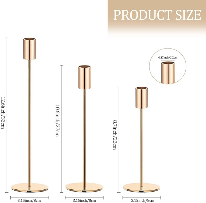 Set of 3 Gold Taper Candle Holders, Metal Gold Candlestick Holders, Tall Candle Holder, Fits 3/4 inch Thick Candle&Led Candles, for Table Centerpiece, Wedding, Dinning, Party Home Decor