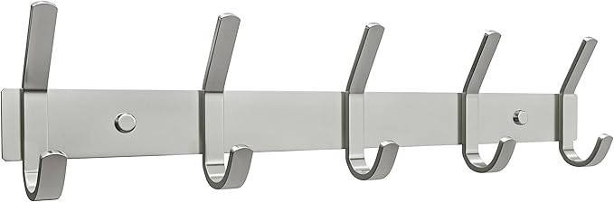Coat Rack Wall Mount – Brushed Nickel 15 Inch Stainless Steel Hook Rail with 5 Heavy Duty Double Coat Hooks – Wall Mounted Coat Hanger for Entryway, Bathroom, Bedroom, Towel, Hat Organizer