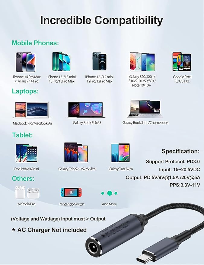PLUSPOE PD 100W DC 5.5mm x 2.1mm Female Input to USB Type C Male Power Charging Cable, 100W DC5521 to Type C Cable with PD Automatic Identification Chip for Phones,Tablets,Laptops.