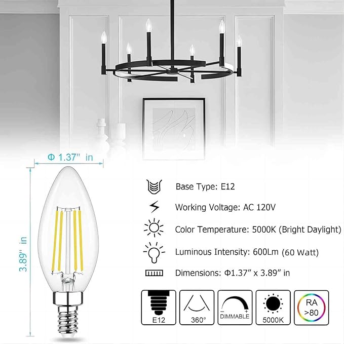 Cotanic Dimmable LED Candelabra Bulb with E12 Small Base, C35 Ceiling Fan Light Bulbs, 5000K, 4W, 60W Equivalent, 600LM, 12 Pack, Vintage Candle Lightbulb for Chandelier, Sconce, Porch Lights