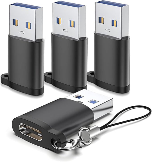 USB to USB C 3.0 Adapter 4 Pack, Type C to USB A Converter,USB-C Female to USBS Male, Compatible for Apple MacBook Pro, Mac Book, iPad, iPhone 16 15 14 13 12 Pro Max Samsung Galaxy S20-S23 More Black