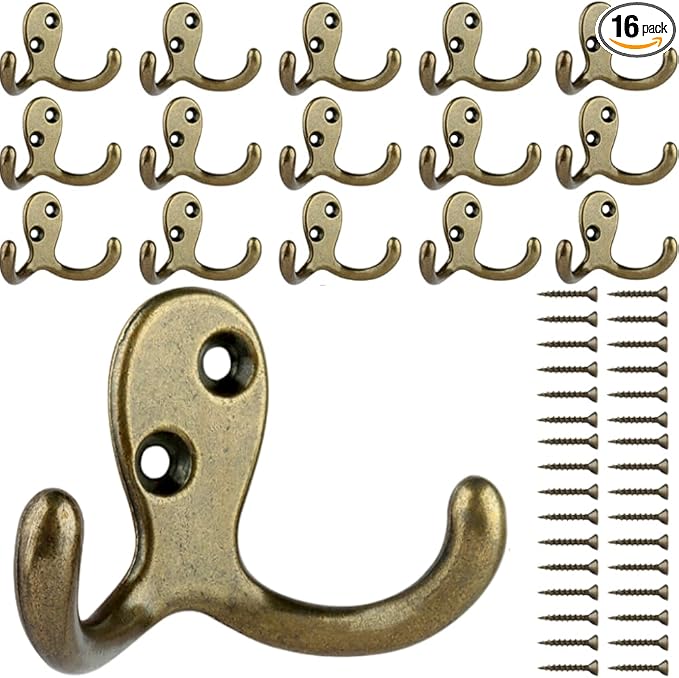 IBosins 16 Pack Heavy Duty Double Prong Coat Hooks Wall Mounted Antique Brass Wall Hook Rustic Utility Hooks for Coat, Scarf, Bag, Towel, Key, Cap, Cup, Hat