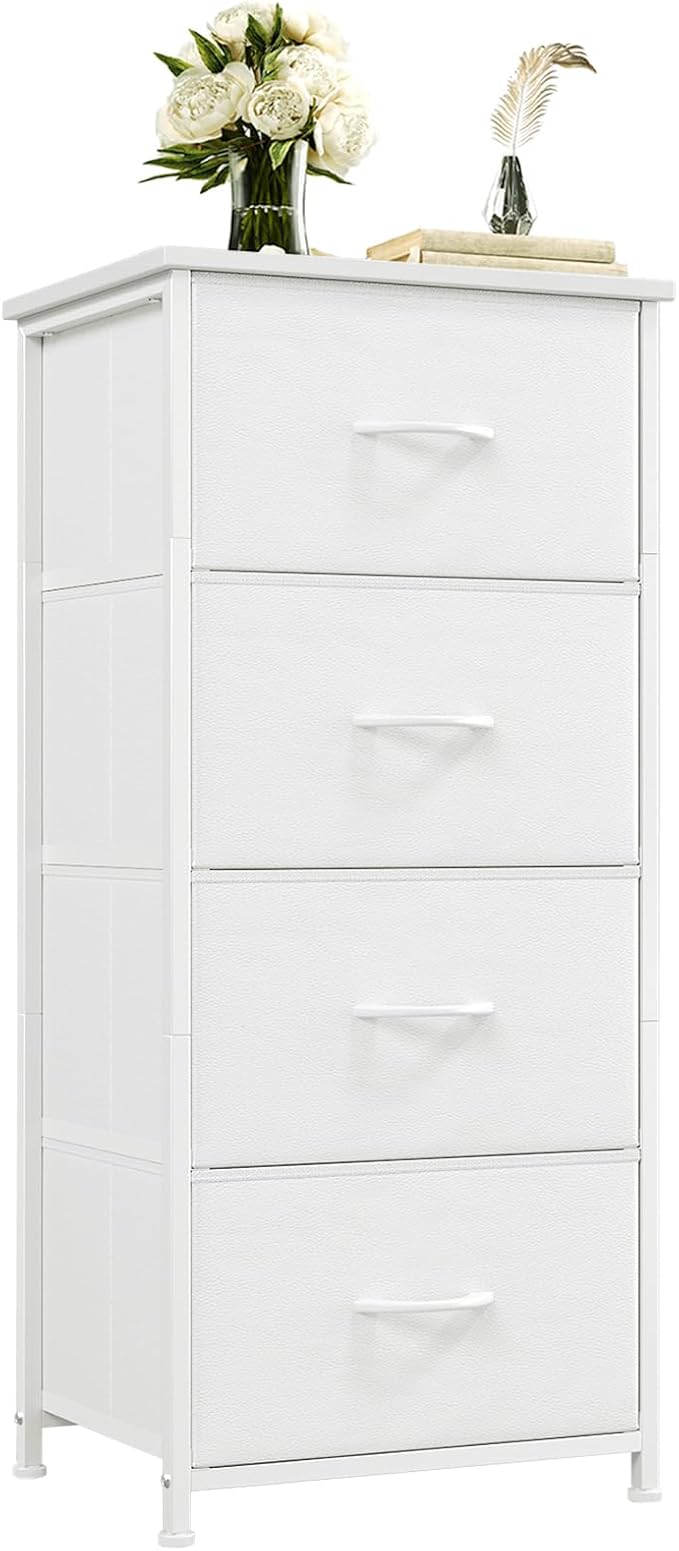Somdot Dresser for Bedroom with 4 Drawers, Storage Organizer Chest of Drawers with Removable Fabric Bins for Closet Bedside Living Room Laundry Entryway Hallway, White Leather