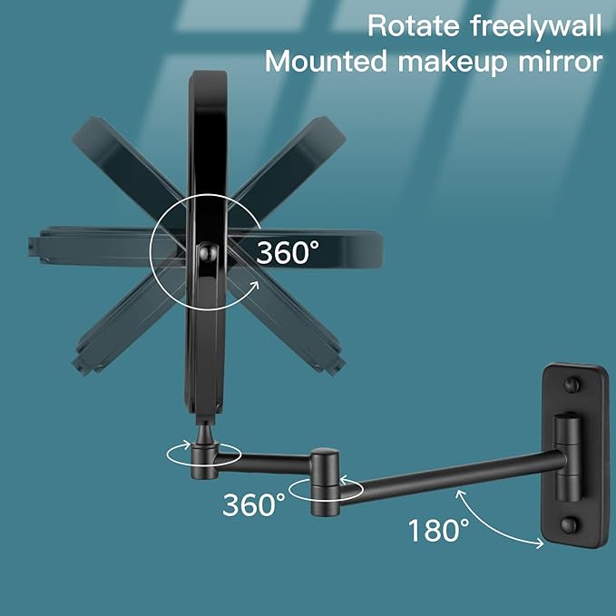 gotonovo Wall Mounted Magnifying Mirror Pivoting Arm Double Sided Swivel Makeup Vanity Black Telescoping Handheld Mirror 8 Inch Magnification Square Base