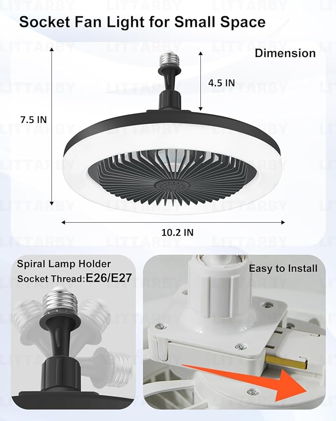 Socket Fan Light with Remote Control, 3 Colors 3000K-6500K Dimmable LED Light Bulb Fan Screw in Ceiling Fan for Bedroom, Kitchen, Storage Room, Closet, Wireless Small Ceiling Fans with Lights - Black