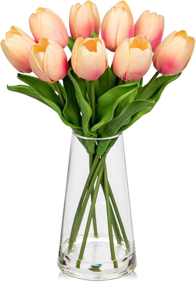 Fake Tulips Artificial Tulip Flowers in Glass Vase with Faux Water, 14.2" Real Touch Peach Tulip Flowers Spring Décor for Table Centerpiece Home Farmhouse Resto Wedding Decoration