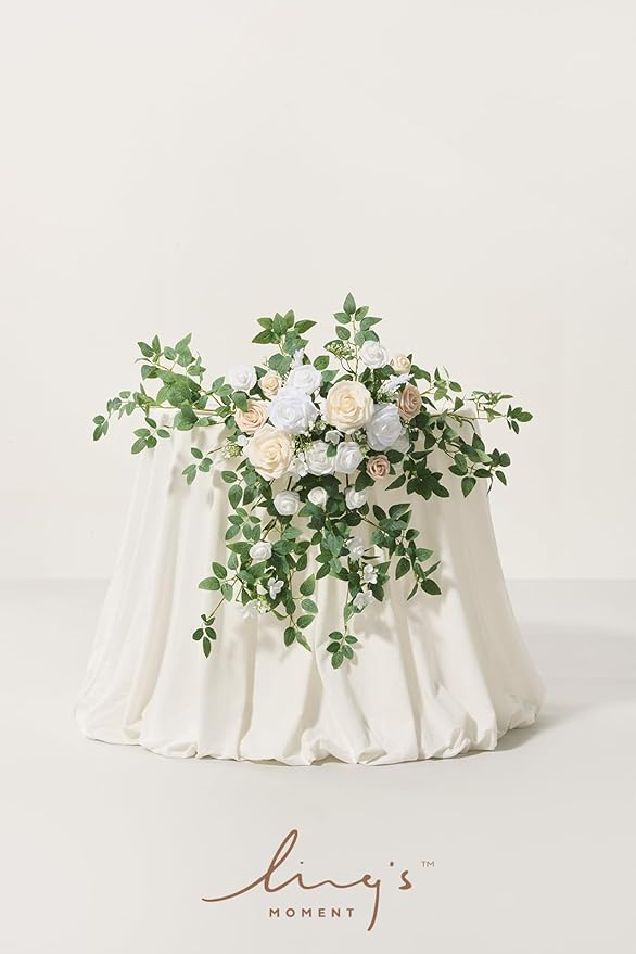 Ling's moment 2PCS Artificial Floral Swags Arch Flowers Wedding Centerpieces Flower Rose Garland Mantel Greenery Arrangements for Sweetheart Welcome Signs Decor Wall Window Home Decor White & Sage